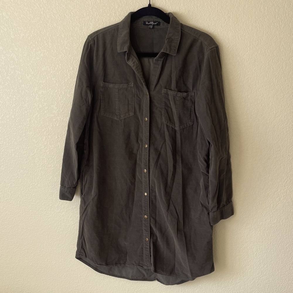 Corduroy Shirt Dress Velvet Heart Tunic Women’s M Green Button Front Fall - Desc